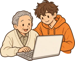 孫に見守られながら、ゆっくりキーボードを打つおじいちゃん
